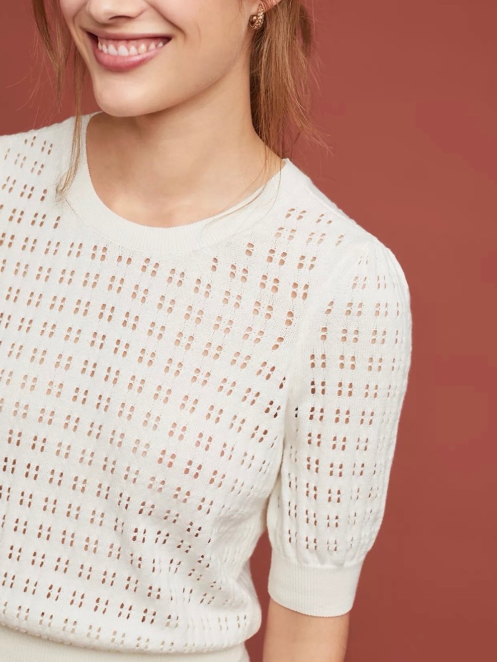 Anthropologie meadow rue Cadenza Cream Openwork Knit Short-Sleeve Top - Picture 4 of 8